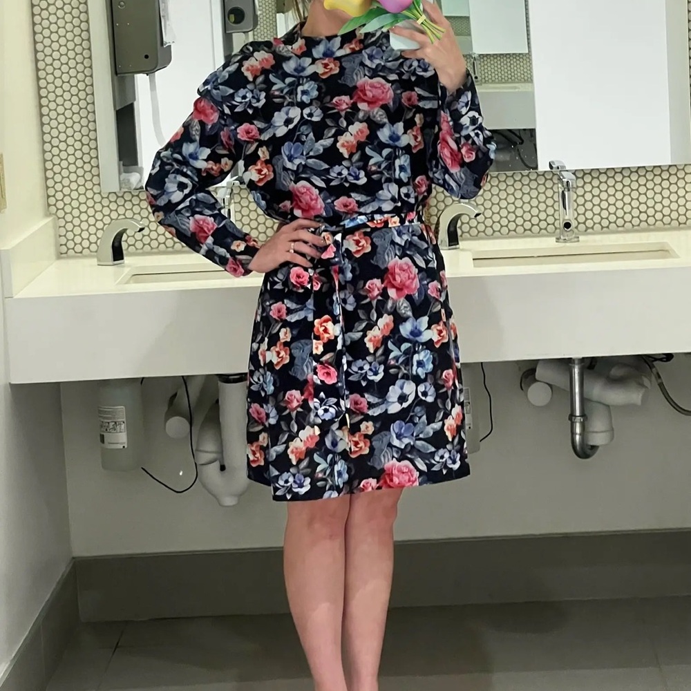 Rebecca Minkoff Floral Mini Dress - Black and Pink missing belt